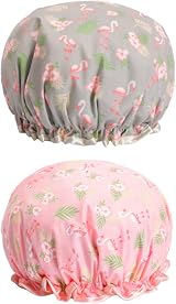 EXCEART 2pcs PEVA Shower Caps Flamingo Print Waterproof Reusable Bath Hats for view 9