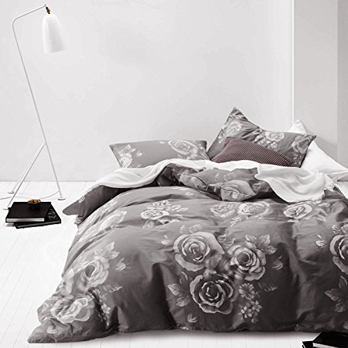 Gray Floral Duvet Cover Set, 100% Cotton Bedding, White Rose Flowers Pattern Printed on Dark Grey, with Zipper Closure (3pcs, Twin Size)