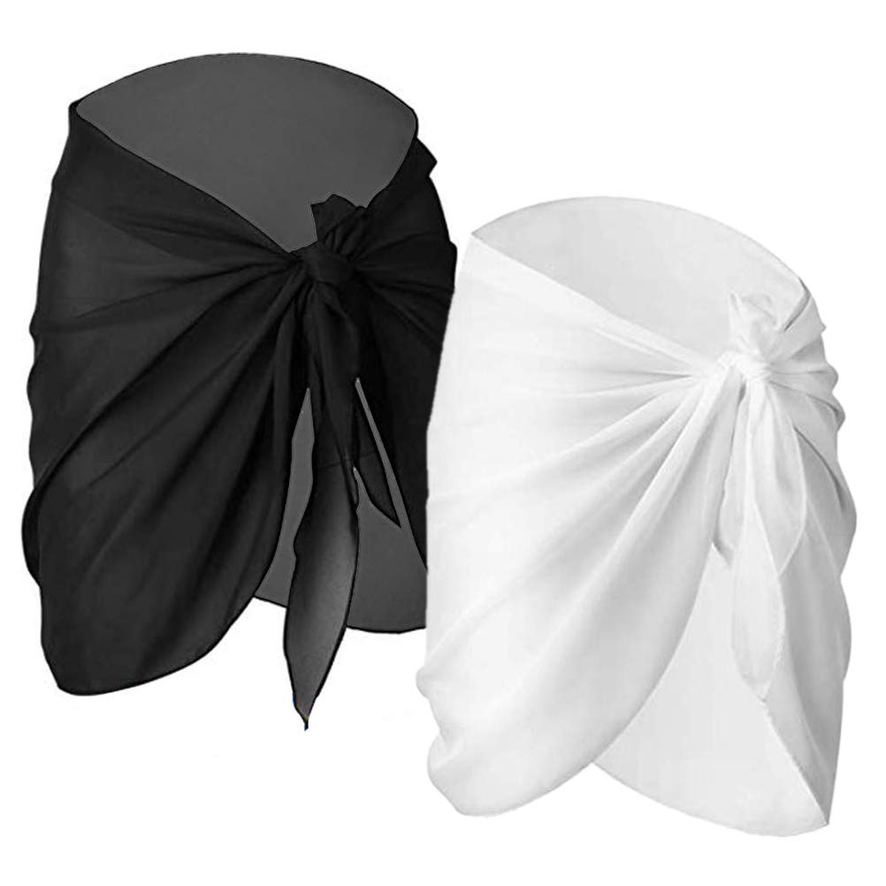 Beach Sarong Wrap Women,2 Pack Swimwear Chiffon Beach Swisuit Wrap Sarong Short Sarong Chiffon Bikini Cover Up Swimsuit Wrap Dress Skirt for Holiday Swimming Black+White