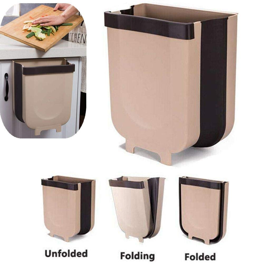 Contenedor de residuos alimentos colgado en la puerta del gabinete