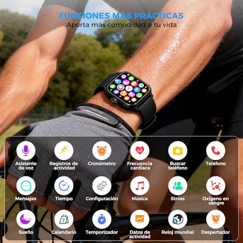 HUSEYTA Reloj Inteligente Hombre Mujer con Llamadas Bluetooth, Smartwatch 1.83" IPX8, Pulsera Actividad con Pulsómetro, Sueño, Compatible iPhone Android Negro(2 Correas: Silicona + Tejida)