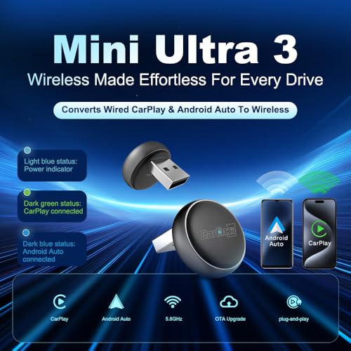 Carlinkit Adaptador automático inalámbrico CarPlay y Android - Mini Ultra 3 Convert OEM con Cable a Llave inalámbrica para iPhone y Android 11+, USB-A/Tipo-C Plug & Play, conexión rápida