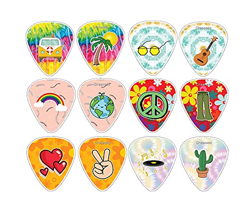 Creanoso Hippie Design Guitar Picks (12-Pack)- Premium Music Gifts & Guitar Accessories for Husband Dad Boys Son Men Him Boyfriend Musician Gift – Medium Gauge Celluloid – Best Dad Gifts