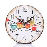 BloomingJS Wooden Wall Clock Owl Modern style Round Vintage Rustic Home Kitchen Office Room Decor (Pattern 1)