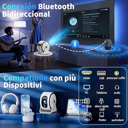 Mini Projector [Integrated Apps & 2026 Upgraded] Support 4K 1080P, Portable Projector Auto Focus/Keystone with WiFi 6 and Bluetooth 5.4 Correction 360°Rotation, Mini Projector Home Theater- White