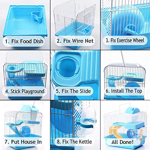 Misyue Mini Guinea Pig Cage Hamster Cage 2-levers Small Animal Habitats Portable Carrier Cage with Water Bottle&Wheels&Food Feeder for Small Animals (Blue) - Thumbnail 4