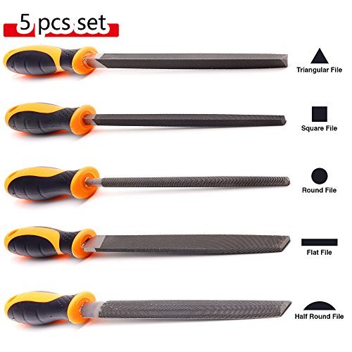 Finder Wood Rasp Needle File Set 200 mm Engineer’s File Set with Rubber Handles Includes Flat, Square, Triangular, Round, and Half-Round File, 5 PCS Carboon Steel File Set for Wood, Metal and Plastic