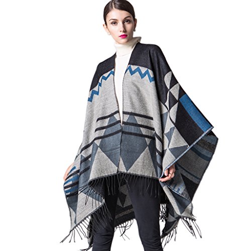 Women s bohemia tassels open front oversized plus size poncho bla…