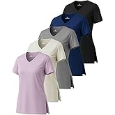 Real Essentials 5 Pack: Women's Short Sleeve Split Hem V-Neck T-Shirts, Athletic Tops, Gym, Workout, Yoga, Activewear (Plus)