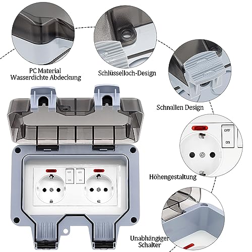 Outdoor Socket IP66 Waterproof Socket with Switch Indicator Light, Wall Socket Wet Room Surface-Mounted Protective Contact Garden Socket Dustproof Weatherproof Outdoor Socket with Hinged Lid