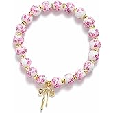Beads Bow Charm Bracelet for Women, Vintage Flower Handmade Bracelet Stretch Beaded Dainty Romantic Jewelry Gifts Valentines Day Gifts
