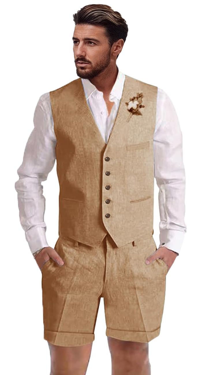 Photo 1 of Mens Linen Suit 2 Piece Men Khaki Suits Slim Fit Shorts Suit Set Summer Beach Wedding Outfit Linen Vest Shorts 3X-Large