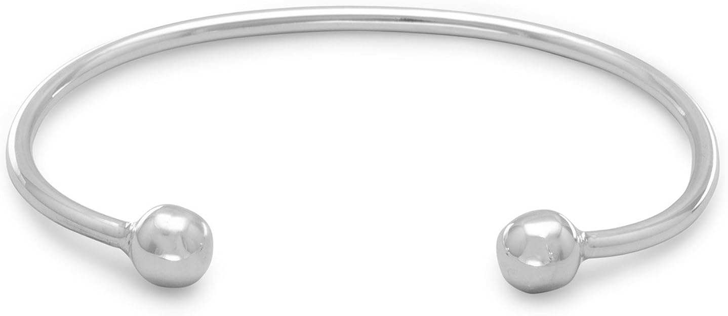 925 Sterling Silver 2mm Mens Cuff Bracelet With 8.5mm Ball Ends Jewelry
