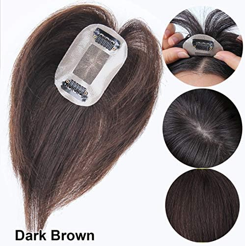 CNFCO 8 inch Silk Base Human Hair Toppers for Women Clip in Hair Top Hairpiece Natural Toupee for Tinning Hair, Dark Brown