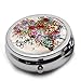 Round Stainless Steel Pill Box Case -Painting Beautiful Flower Art Pattern- Pocket 2 inches Medicine Tablet Holder Organizer Case for Purse - Compact 3 Compartment