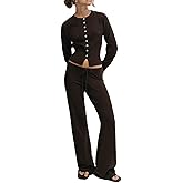 Mxiqqpltky Knit Lounge Sets for Women Button Down Long Sleeve Ribbed Tops Drawstring Flare Pants Sweatsuits Casual Tracksuits