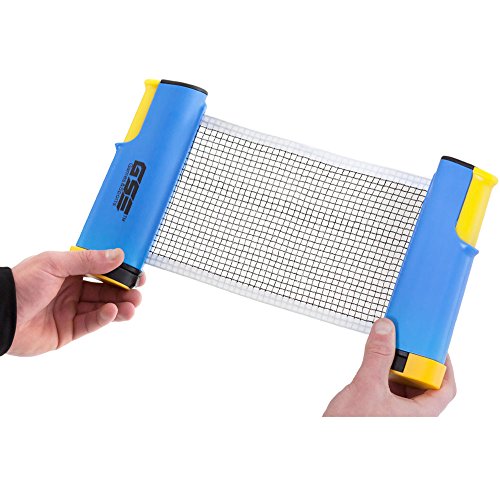 Retractable Anywhere Table Tennis Set with 2 Paddles & 3 Balls and a Mesh Storage Bag by GSE (Blue & Yellow)