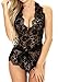 SEXYHUT Women Lingerie Lace Teddy Backless Open Crotch Plunging Eyelash Sleepwear