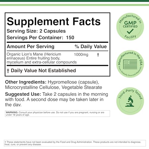 Organic Lions Mane Mushroom Capsules (300 Count), for Focus Support and Immune Health, Third Party Tested and Grown in The USA - by Double Wood