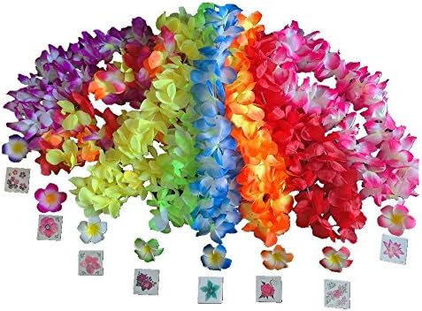 Ranavy Hawaiin Lei Pack of 8 with flower clips and flower tatoo (8 Colors)