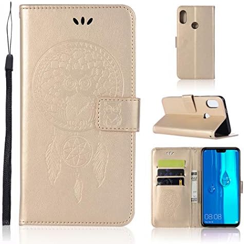 Domxteck PU phone case with multi-function ID credit card slot clip wallet flip cover for Huawei Y9 2019-gold
