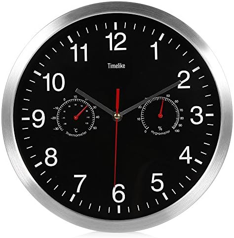 32cm Silent Quartz Metal Wall Clock, Clock, Thermometer, Hygrometer 3-in-1, Easy to Install, Suitable for Homes, Hotels, Offices, Classrooms or Fitness Centers