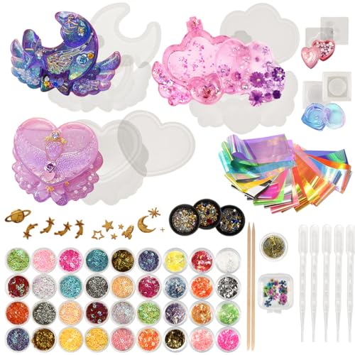 FUNSHOWCASE Trinket Box Resin Silicone Mold Set Jewelry Making 74 Kits Glitter Confetti Mermaid Pearl Iridescent Flims Pipettes Droppers Wood Sticks