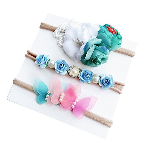 NUWFOR 3Pcs/Set Kids Girl Baby Toddler Flower Headband Hair Band Headwear(Blue,Free Size)