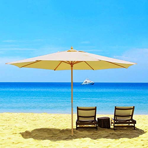13' Ft Patio Wooden Umbrella Sunshade German Beech Wood Pole Outdoor Beach Beige with Ebook