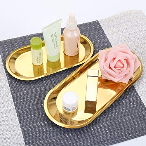 AJIEVWU Decorative Metal Tray Stainless Steel Towel Tray Metal Storage Organizer Trays for Bathroom Vanity Countertops Dressers Dish Plate Tea Fruit Trays Cosmetics Jewelry Oval Tray 2PCS (Gold)