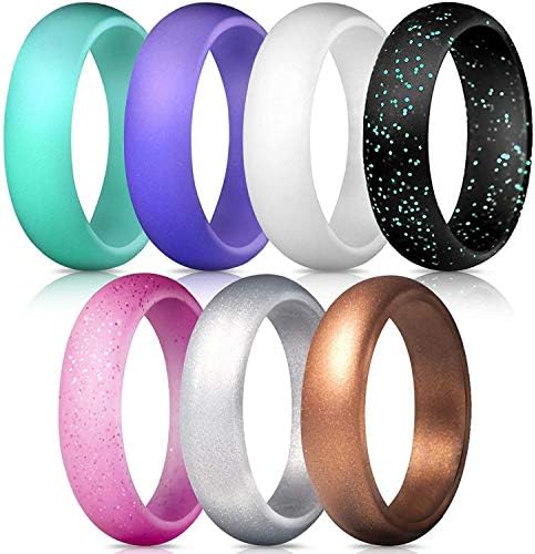 Silicone Rings, 7 Pack & Single Wedding Bands Women, Durable Rubber Band Love, 6 mm Wide