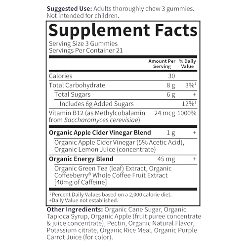 GARDEN OF LIFE ORGANICS APPLE CIDER VINEGAR ENERGY GUMMIES – USDA ORGANIC ACV GUMMY VITAMINS FOR ENERGY WITH VITAMIN B12, COFFEEBERRY, GREEN TEA – 63 VEGAN GUMMIES FOR MENTAL FOCUS & CLARITY