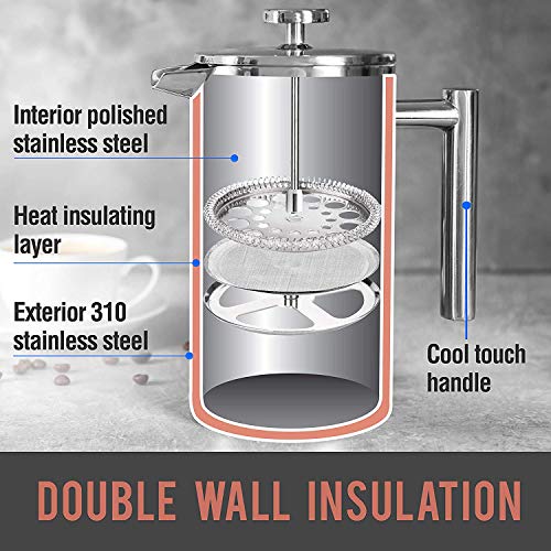 Mueller French Press 20% Heavier Duty Double Insulated 310 Stainless Steel Coffee Maker Multi-Screen System 100% No Coffee Grounds Guarantee, Rust-Free, Dishwasher Safe Mueller French Press 20% Heavier Duty Double Insulated 310 Stainless Steel Coffee Maker Multi-Screen System 100% No Coffee Grounds Guarantee, Rust-Free, Dishwasher Safe