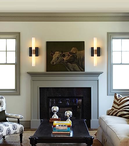 KUZZULL Wall Sconce Black and Gold Sconces Set of 2 with White Glass Shade Light Lighting Indoor Applique Murale Interieur Lamp Luminaire Mural Bathroom 13in