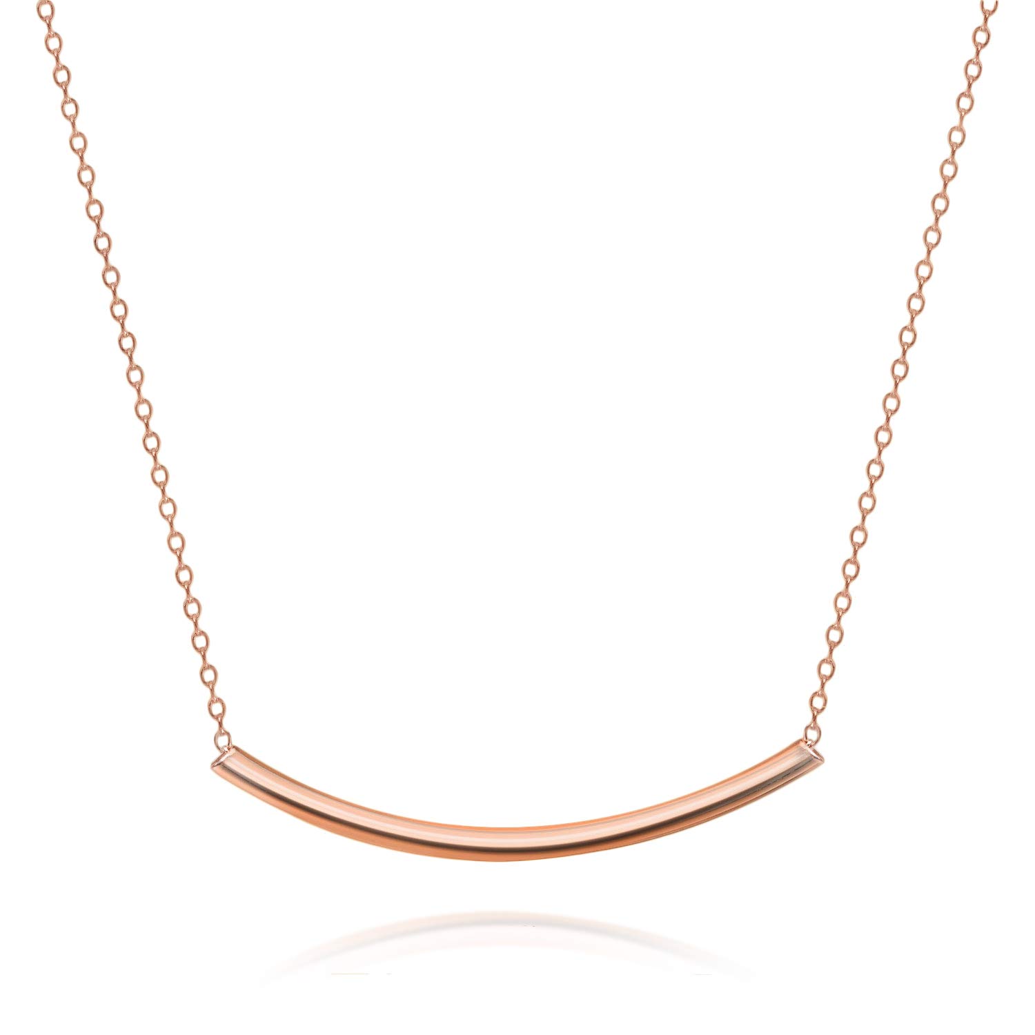 Bling Jewelry Minimalist Delicate Thin Sideways Horizontal Round Tube Curved Bar Slide Pendant Necklace For Women Teen Rose Gold Plated .925 Sterling Silver