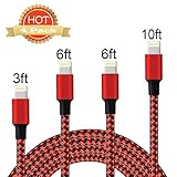MFi Certified iPhone Charger, Lightning Cable, 4Pack (3FT 6FT 6FT 10FT) to Syncing Data and Nylon Braided Cord Charger Compatible with iPhone/XS/XR/X/8/8 Plus/7/7 Plus/6S/6 Plus More (Black&red)