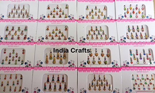 India Crafts 6 Packs- 60 Multicolored long Bindis Forehead Tika Face Jewels