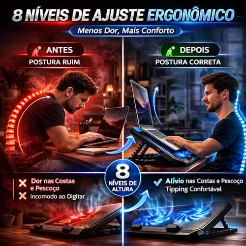 Base Suporte para Notebook até 17" com Cooler Duplo Ultra Silencioso, LED Azul, 8 Níveis de Altura, USB Extra – Refrigeração Potente e Conforto Ergonômico