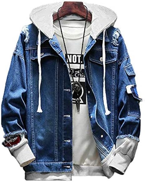 Amazon メンズ パーカー デニム ジャケット フード 付き アウター ヒップホップ ストリート コート 原宿風 春秋 大きいサイズ カジュアル 深蓝 L コート ジャケット 通販