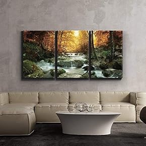Forest Waterfall Scene - Canvas Art Wall Art - 16" x 24" x3 Panels