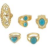 5 Pieces Turquoise Stackable Finger Rings Set for Women Men Boho Chunky Stone Western Heart Flower Oval Gemstone Knuckle Midi Ring Vintage Statement Bohemian Party Daily Friendship Jewelry Size 8