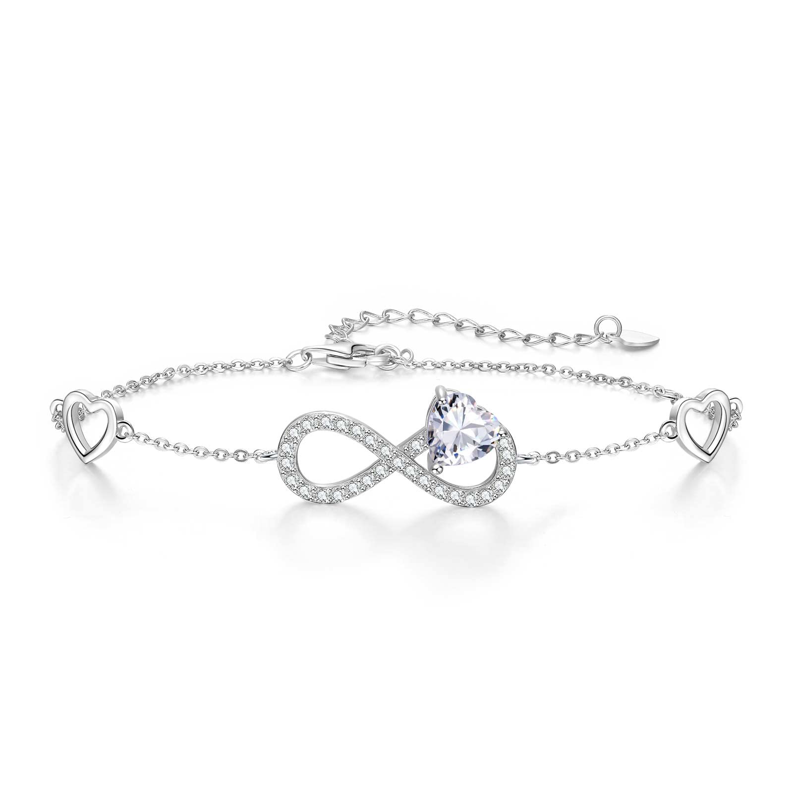 Infinity Heart April Birthstone Bracelet, 925 Sterling Silver Moissanite Birthstones Love Hearts Bracelets Adjustable Birth Stones Charm Bracelets with White CZ, Birthday Jewelry Gift for Wife Mom