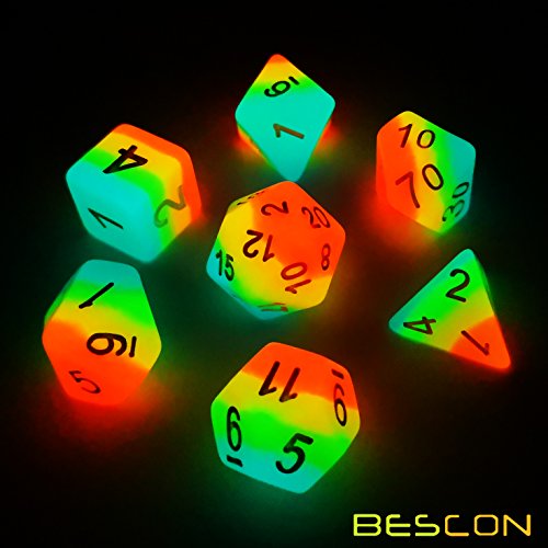 Bescon Fantasy Rainbow Glowing Polyhedral Dice 7pcs Set Midnight Candy, Luminous RPG Dice Set Glow in Dark, Novelty DND Game Dice d4 d6 d8 d10 d12 d20 d% in Brick Box - Thumbnail 4