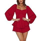 LYANER Women's Jumpsuit Lantern Long Sleeve Ruffle Layer Tie Mini Short Romper