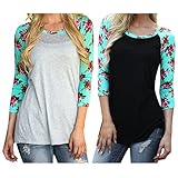Women Color Block Floral Prints 3/4 Raglan Sleeves Tops Tee Shirt Casual Blouse