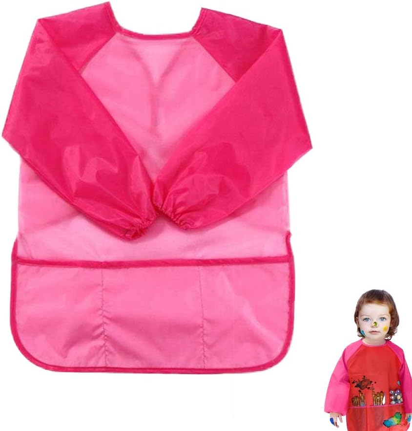 Kids Art Aprons Children Art Smock with Waterproof Painting Apron Long Sleeve 3 Roomy Pockets for Age 3-8 Years (Pink)