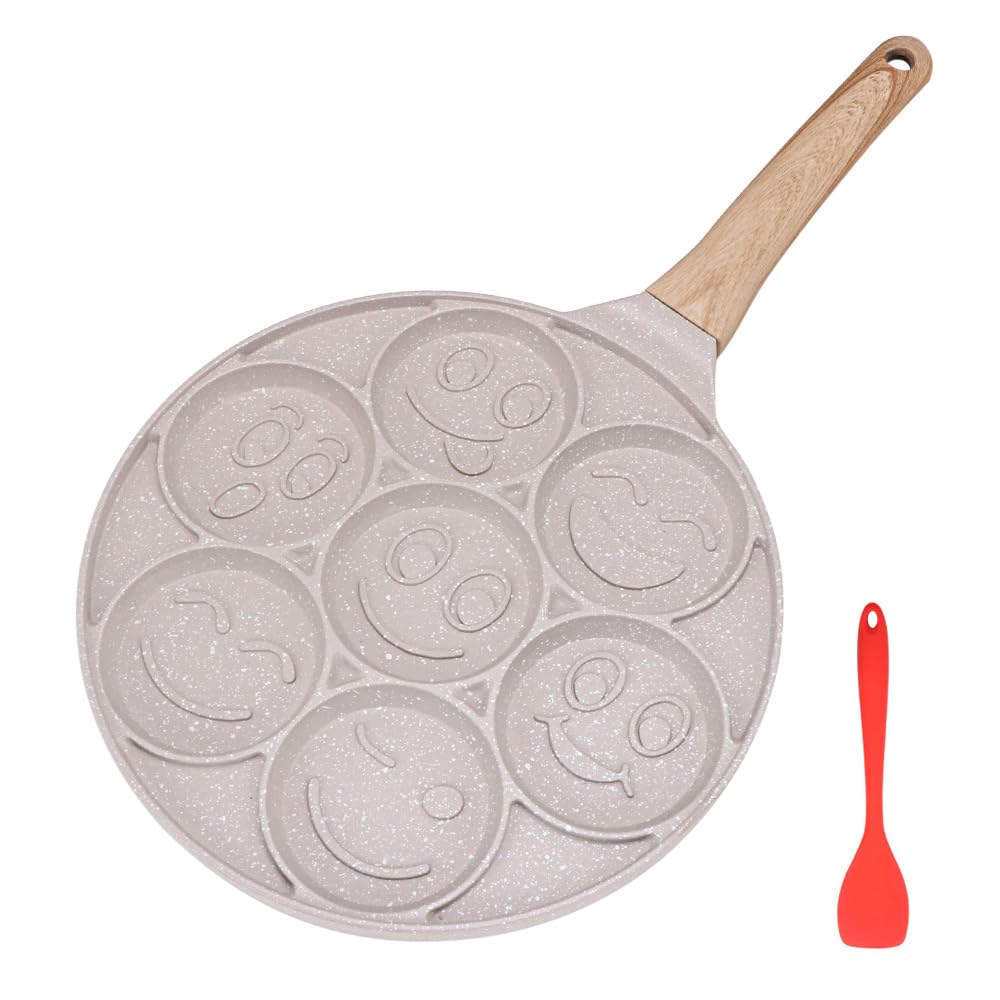 Bobikuke Smiley Face Pancake Pan, Pancake Frying Pan Non Stick, 7 Holes Mini Pancake Maker for Kids, Crepe Pan 26cm - White