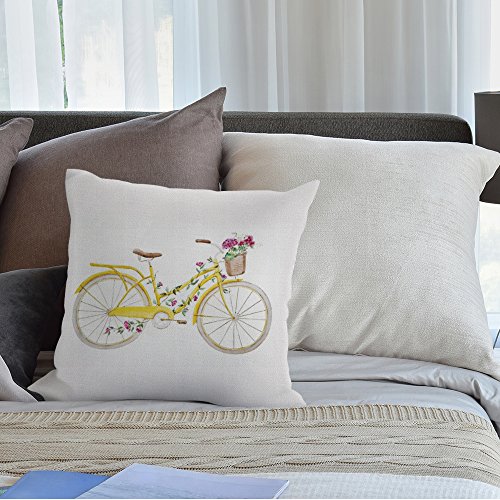 HGOD DESIGNS Bicycle Pillow Cover,Decorative Throw Pillow Bicycle with Flower Pillow cases Cotton Linen Outdoor Indoor Square Cushion Covers For Home Sofa couch 18x18 inch Yellow - Thumbnail 4