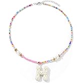 ZShireeyBlackey Colorful Beaded Initial Necklace for Women, 3D Rose Textured Bubble Letter Necklace, Personalized Y2K Aesthetic Boho Beaded Choker, Cute Alphabet Name Jewelry Gift, 16+2"