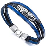 INBLUE Men's Alloy Genuine Leather Bracelet Bangle Black Blue Silver Vintage Biker